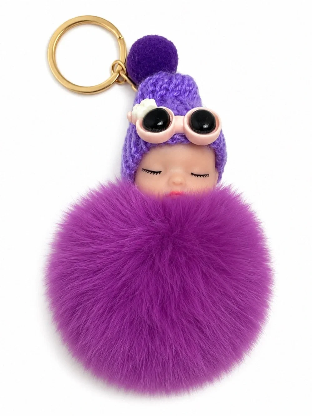 Sleeping Baby Faux Fur Pom Pom Keychain Purse Charm | 9 Colors